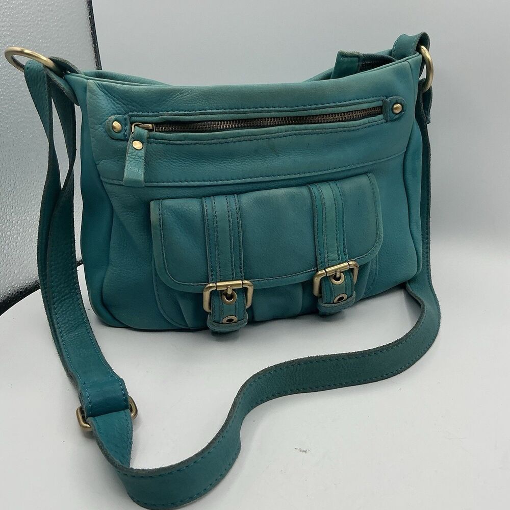 Tano Turquoise Blue Leather Crossbody Bag Buckle Pocket Boho Purse